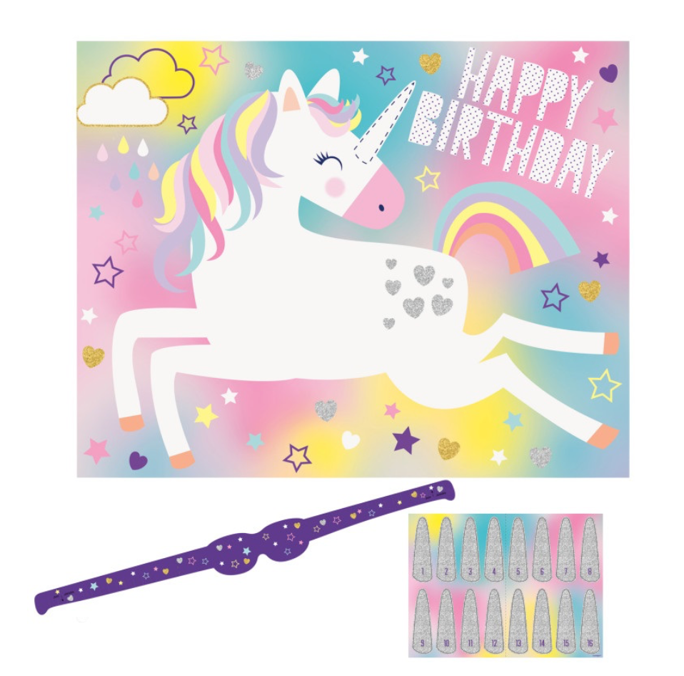 Unicorn party game for 16 players with unicorn horns and purple eye cover kids birthday game available in Manahawkin NJ

