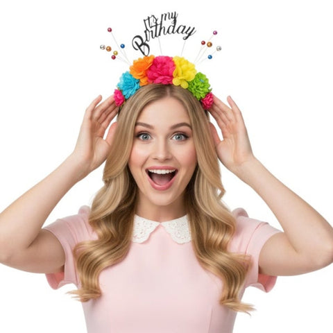 Birthday Girl Headband with floral details, an “It’s My Birthday” caption, and colorful metallic adornments in Manahawkin, NJ at Party Fair.
