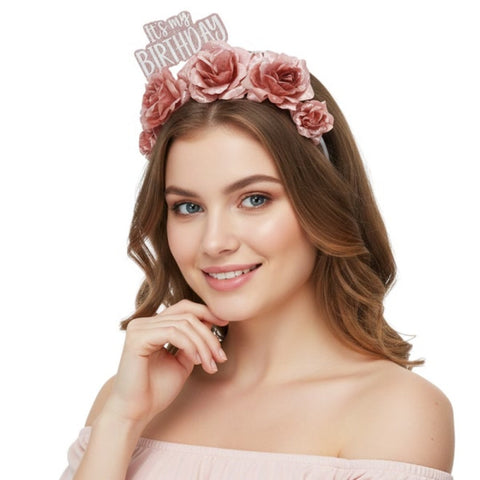 Rose Gold Birthday Headband with an “It’s My Birthday” caption and rose gold metallic floral fabric adornments in Manahawkin, NJ at Party Fair.