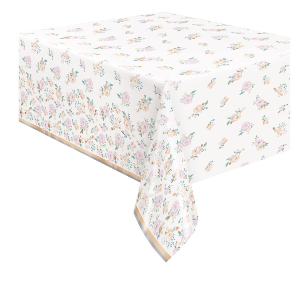 Pink blooms rectangular foil table cover 54x84 disposable party tablecloth from Party Fair in Manahawkin NJ