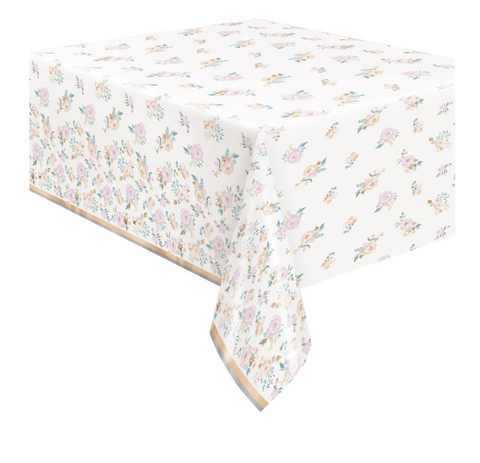 Pink blooms rectangular foil table cover 54x84 disposable party tablecloth from Party Fair in Manahawkin NJ