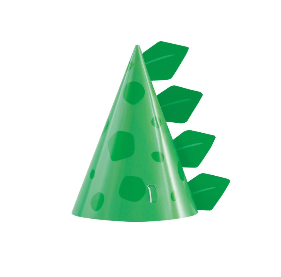 Green dinosaur party hats with 3D stegosaurus detail 8 count kids birthday party hats available in Manahawkin NJ