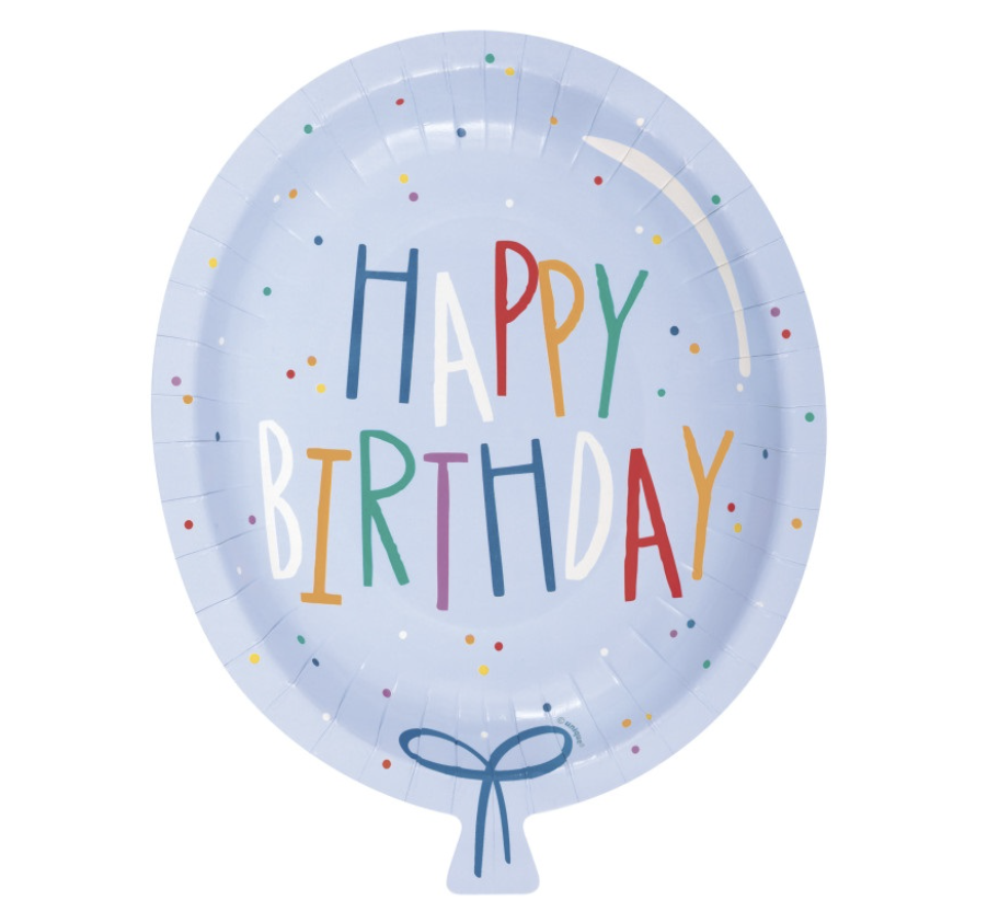 Birthday Plates 8ct in Manahawkin, NJ at Party Fair, showing colorful balloon-shaped 8.25-inch paper plates with a Happy Birthday caption
