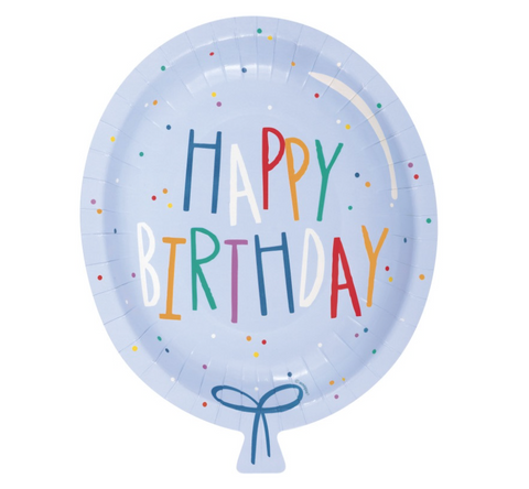 Birthday Plates 8ct in Manahawkin, NJ at Party Fair, showing colorful balloon-shaped 8.25-inch paper plates with a Happy Birthday caption