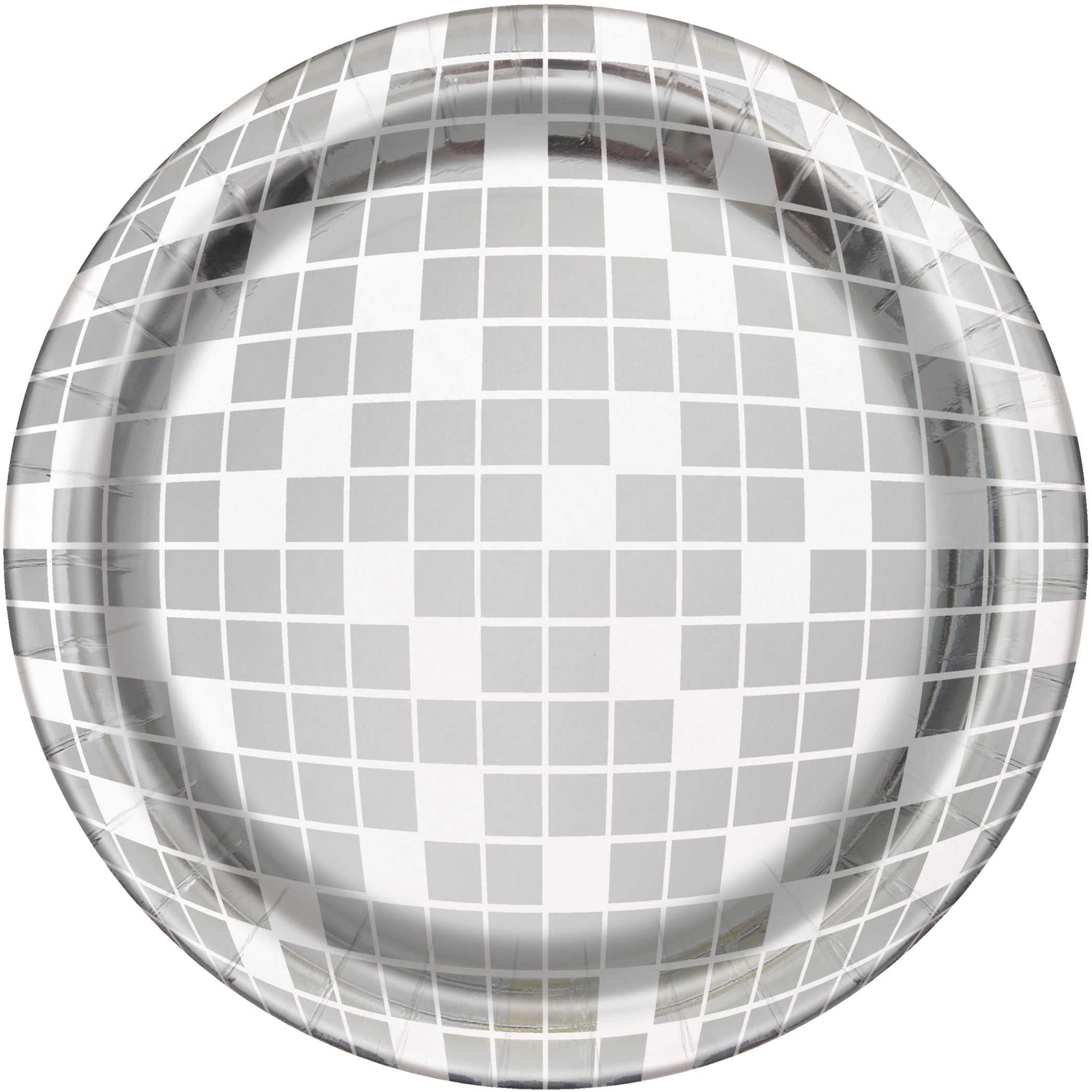 7 Inch Disco Ball Plates in Manahawkin, NJ at Party Fair featuring a round foil board design for a festive dance party table.