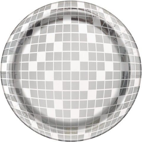 7 Inch Disco Ball Plates in Manahawkin, NJ at Party Fair featuring a round foil board design for a festive dance party table.