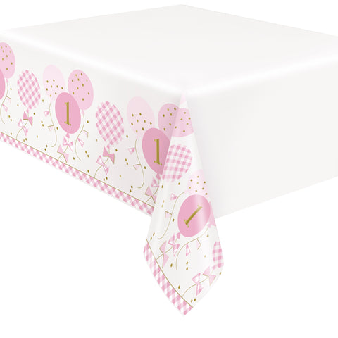 Pink Gingham 1st Birthday Rectangular Plastic Table Cover 54" x 84" – Party Tablecloth
