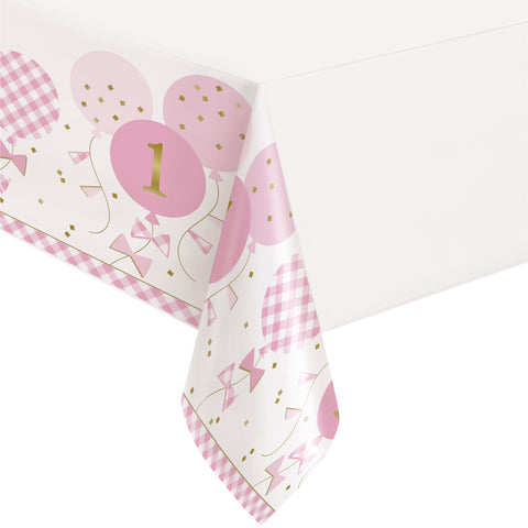 Pink Gingham 1st Birthday Rectangular Plastic Table Cover 54" x 84" – Party Tablecloth