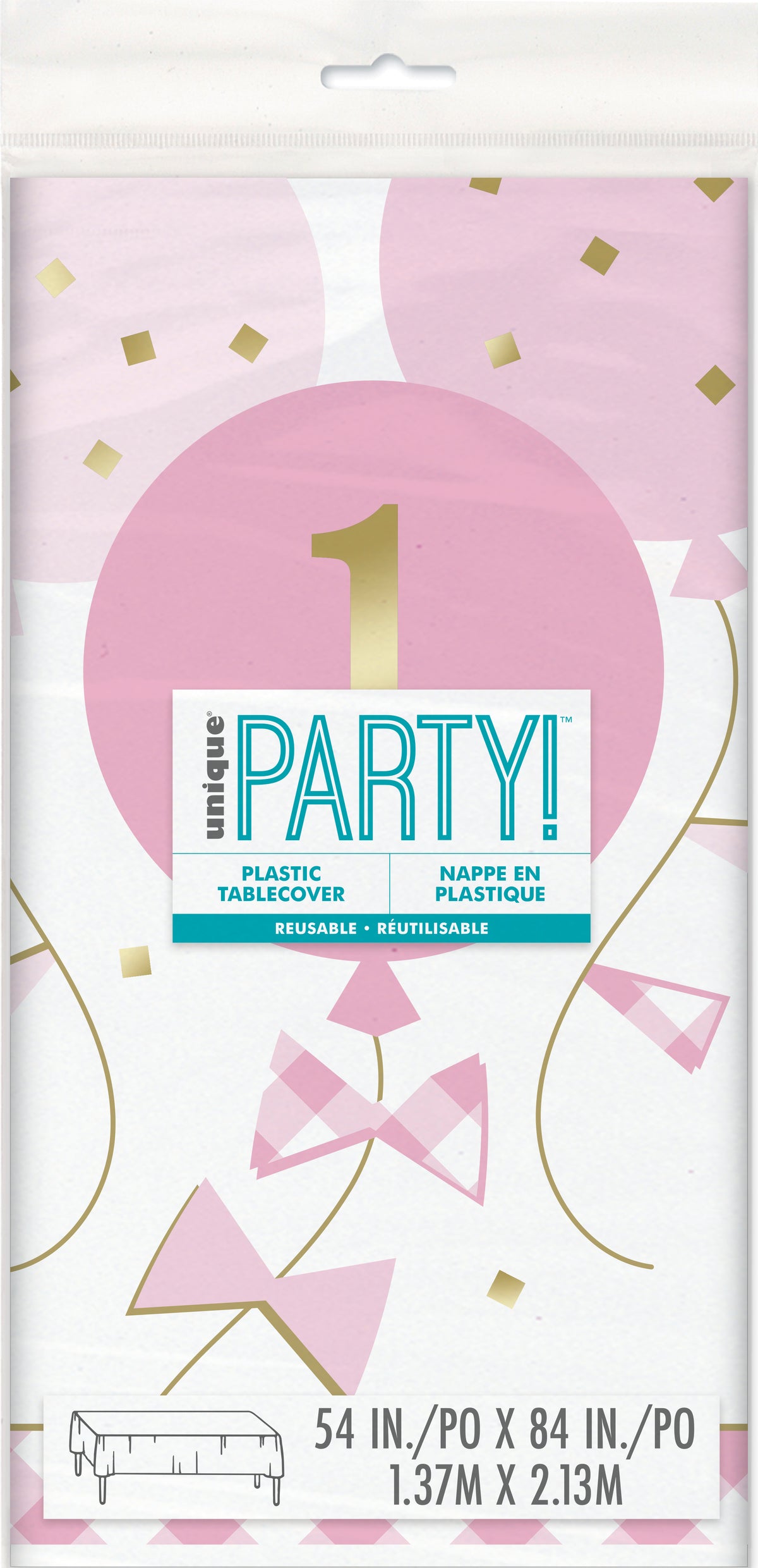 Pink Gingham 1st Birthday Rectangular Plastic Table Cover 54" x 84" – Party Tablecloth