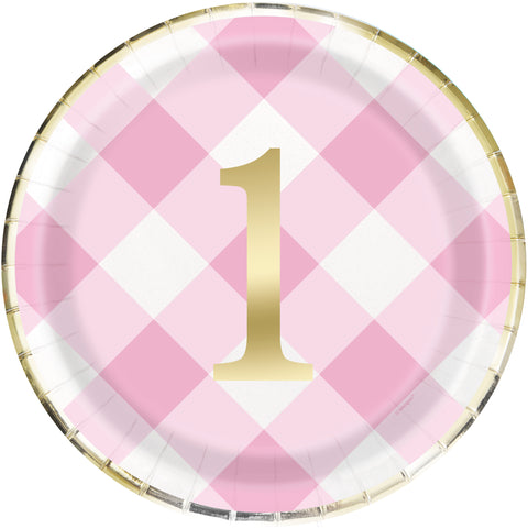 Pink Gingham 1st Birthday 9” Round Dinner Plates (8ct) – Foil-Stamped Party Plates