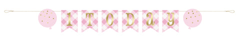 Pink Gingham 1st Birthday Banner 6 ft – First Birthday Party Garland for Girls