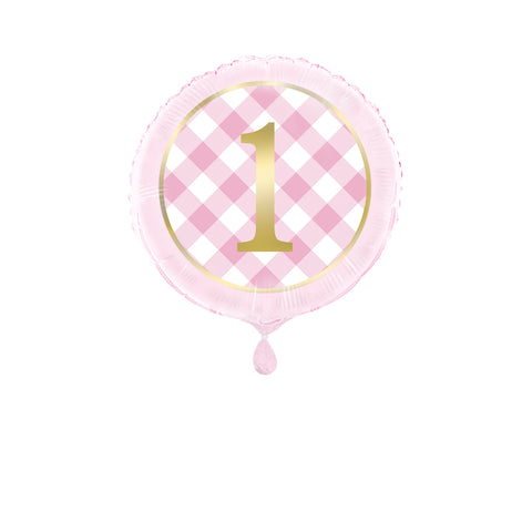 Pink Gingham 1st Birthday Round Foil Balloon 18" – Packaged Party Balloon for Girls
