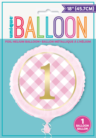 Pink Gingham 1st Birthday Round Foil Balloon 18" – Packaged Party Balloon for Girls