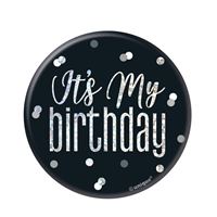 Black & Silver Birthday Badge – Glitz “It’s My Birthday” Celebration Pin