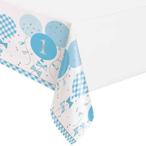 Blue Gingham 1st Birthday Table Cover 54"x84" – Rectangular Plastic Party Tablecloth