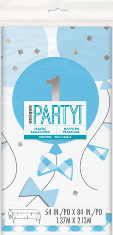 Blue Gingham 1st Birthday Table Cover 54"x84" – Rectangular Plastic Party Tablecloth