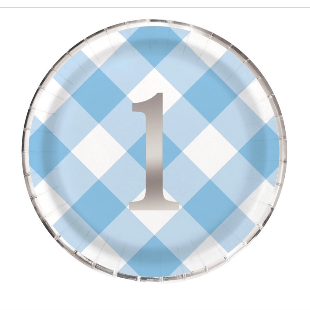 Blue Gingham 1st Birthday Round 9" Dinner Plates 8ct – Foil Stamped First Birthday Party Plates