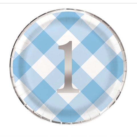 Blue Gingham 1st Birthday Round 9" Dinner Plates 8ct – Foil Stamped First Birthday Party Plates