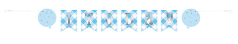 Blue Gingham 1st Birthday Pennant Banner – 6 ft Birthday Party Decoration for Boys