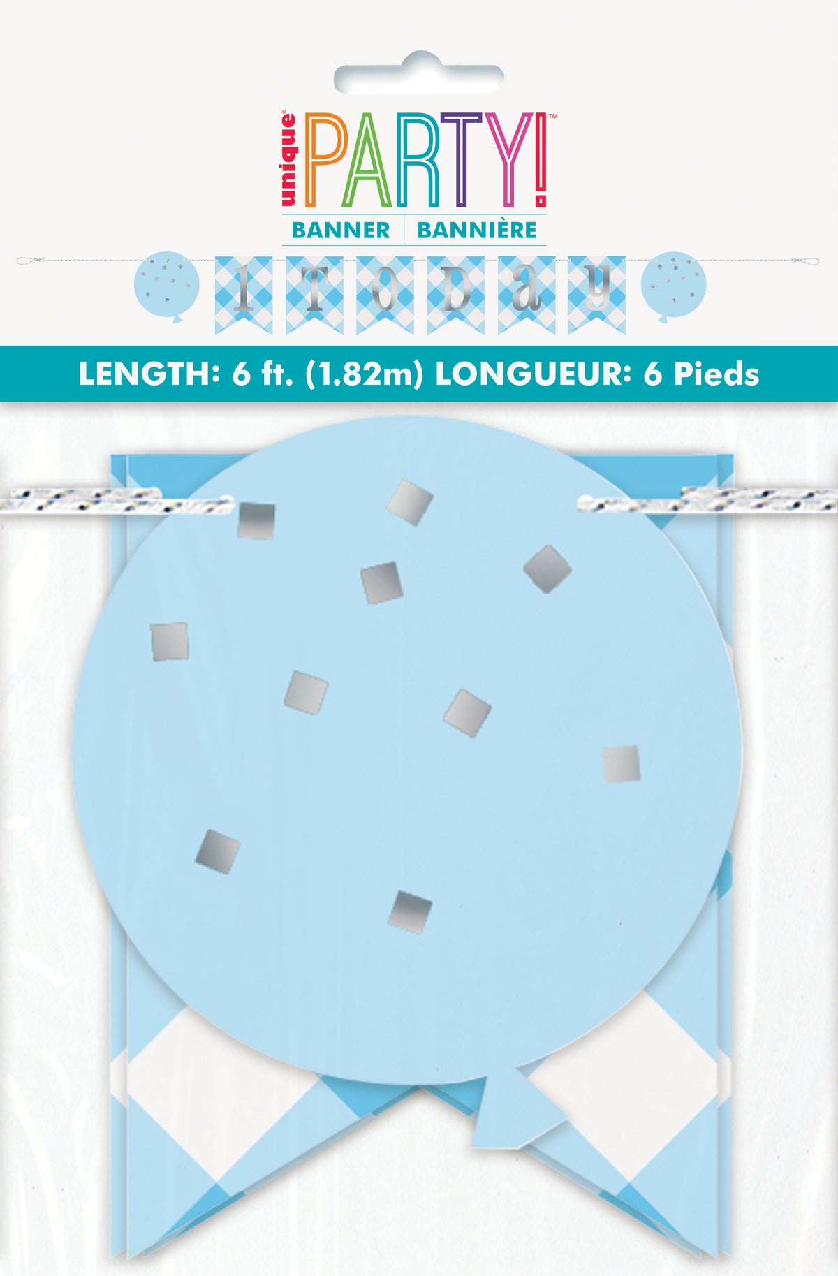 Blue Gingham 1st Birthday Pennant Banner – 6 ft Birthday Party Decoration for Boys