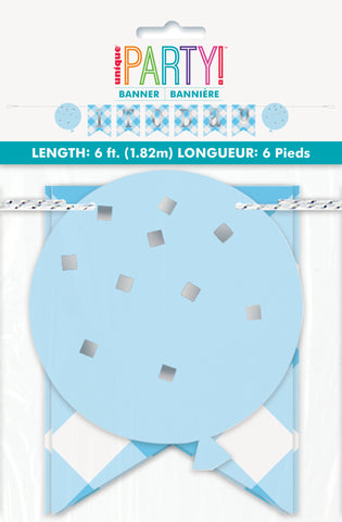 Blue Gingham 1st Birthday Pennant Banner – 6 ft Birthday Party Decoration for Boys