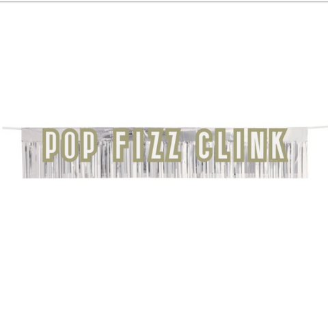 Pop Clink Fizz Foil Gold Fringe Banner 11” x 7ft – New Year’s Eve Party Decoration