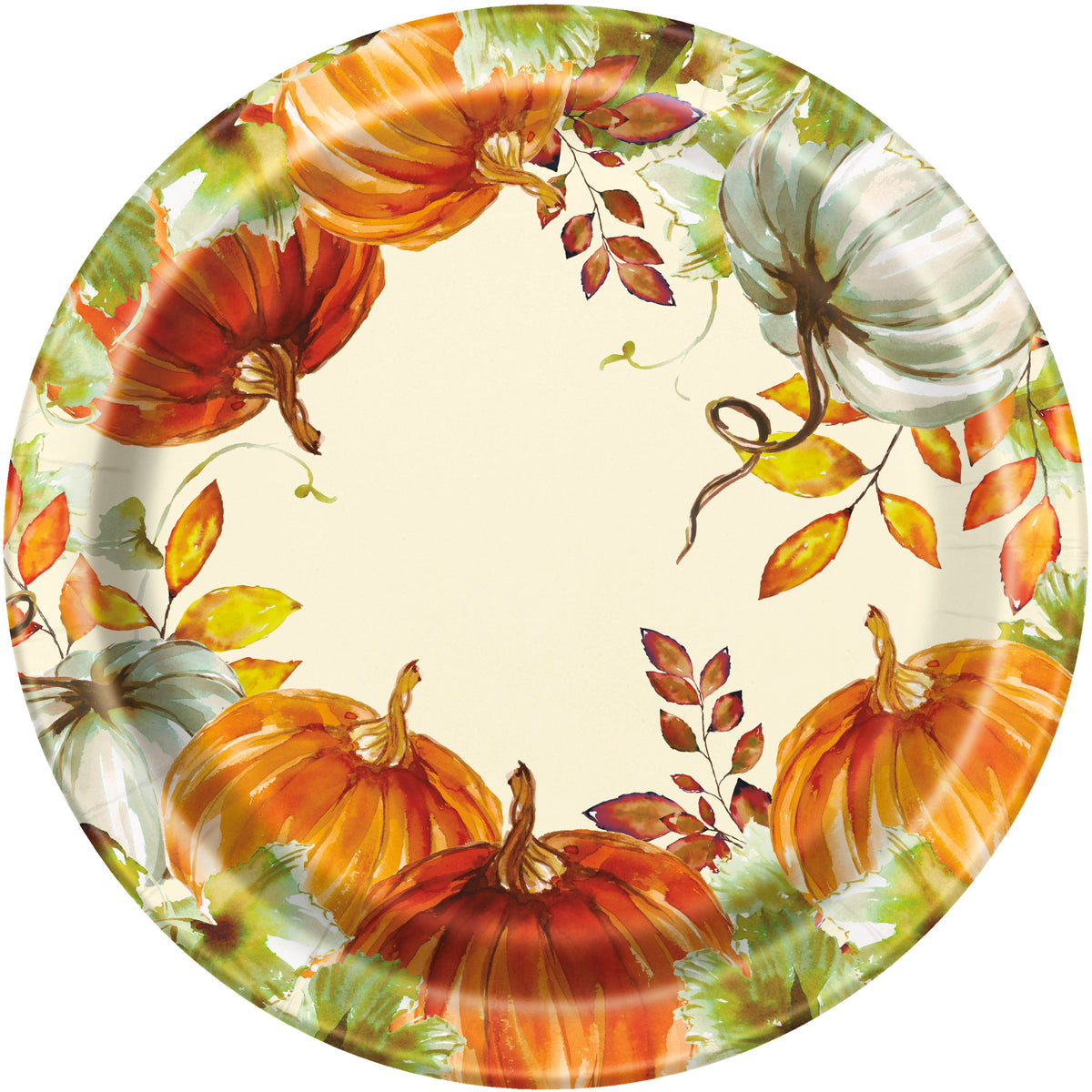 Watercolor Fall Pumpkins Dinner Plates – 9" Round Paper Plates 8ct | Autumn Disposable Party Plates for Thanksgiving & Harvest Celebrations