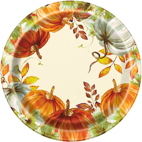 Watercolor Fall Pumpkins Dinner Plates – 9" Round Paper Plates 8ct | Autumn Disposable Party Plates for Thanksgiving & Harvest Celebrations