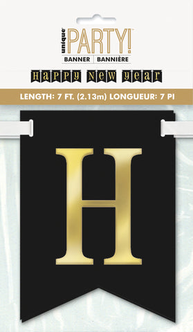 "Happy New Year" Foil Black & Gold Pennant Banner 7ft – New Year’s Eve Party Decoration