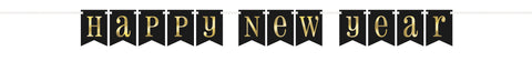 "Happy New Year" Foil Black & Gold Pennant Banner 7ft – New Year’s Eve Party Decoration