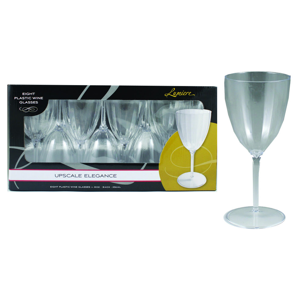 Clear 8 oz crystal cut plastic wine glasses 8 pack disposable elegant drinkware for parties and events available in Manahawkin, NJ.