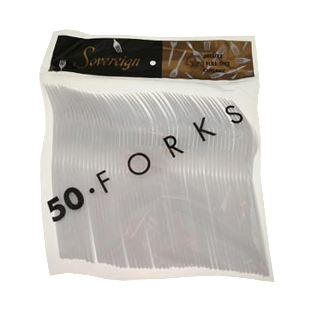 Heavy duty Sovereign white plastic forks made from polystyrene, 50 pack disposable forks for parties and events available in Manahawkin, NJ.