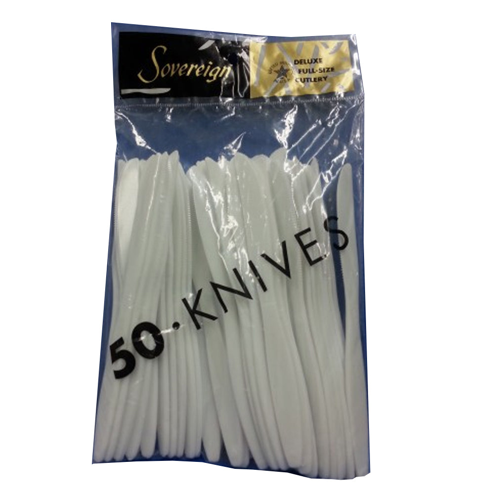 Heavy duty Sovereign white plastic knives made from polystyrene, 50 pack disposable knives for parties and events available in Manahawkin, NJ.