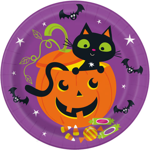 Cat & Pumpkin Halloween Round Dinner Plates – 9" Paper Plates 8ct | Cute Disposable Party Plates for Fall & Spooky Celebrations