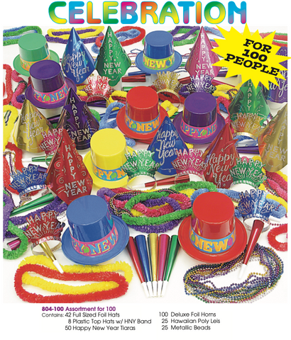 Celebration New Year’s Eve Party Kit for 100 – Top Hats, Foil Hats, Glitter Tiaras, Horns, Beads & Leis