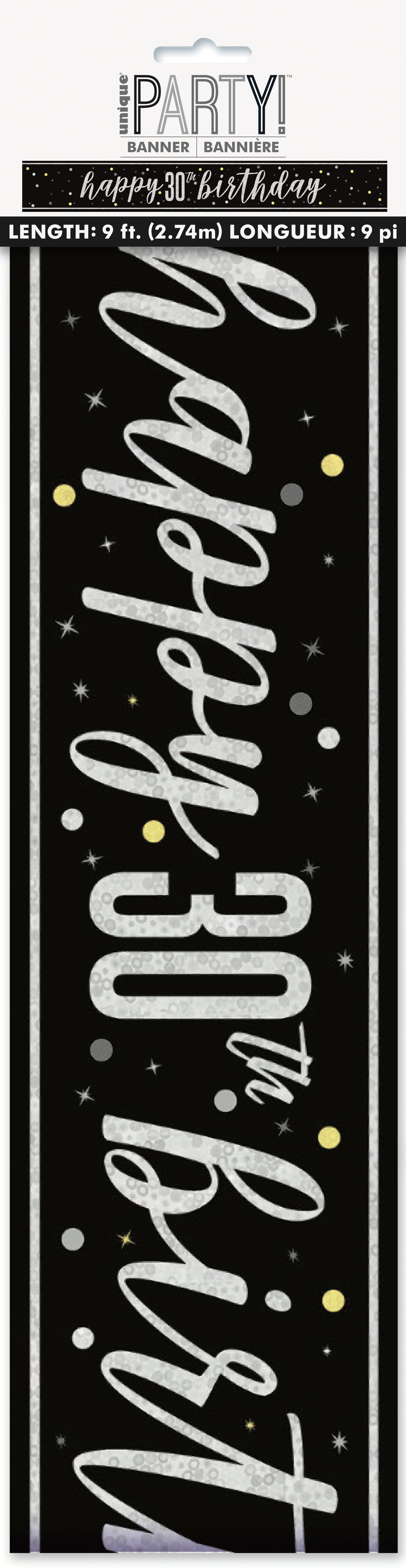Happy 30th Birthday Banner – Black & Grey 9ft Foil Prismatic – Birthday Glitz Party Decoration, Great for Him