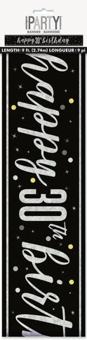 Happy 30th Birthday Banner – Black & Grey 9ft Foil Prismatic – Birthday Glitz Party Decoration, Great for Him