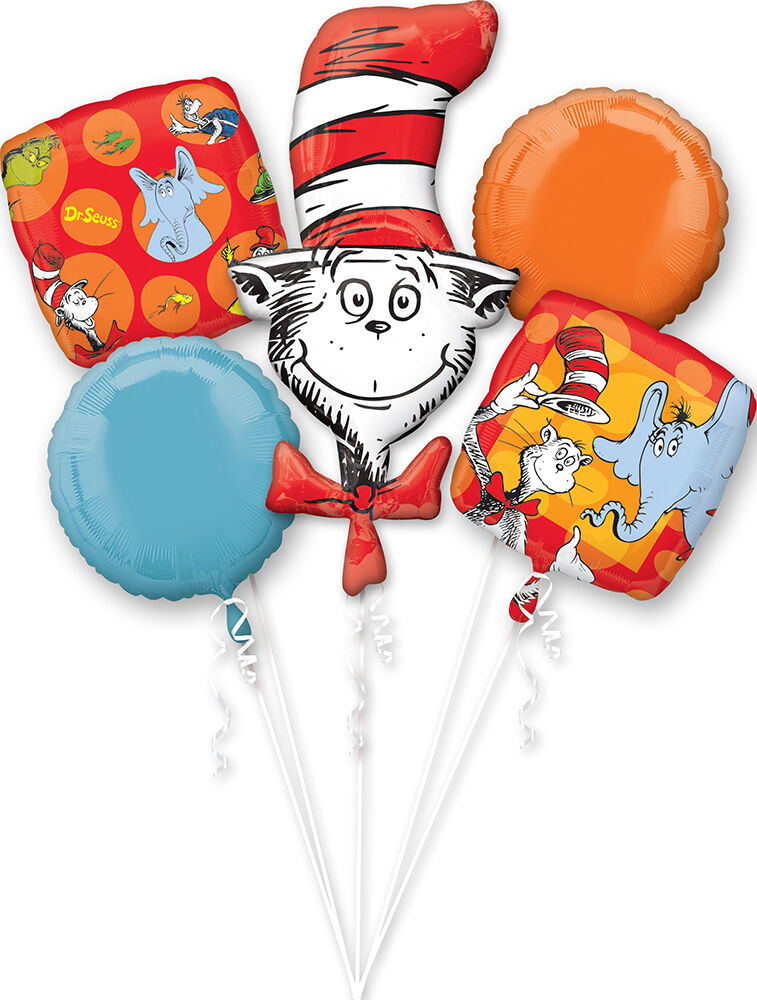 Dr. Seuss Balloon Bouquet in Manahawkin, NJ at Party Fair, featuring a five-piece balloon arrangement with a 42-inch Cat in the Hat character balloon and coordinating printed balloons.