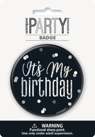 Black & Silver Birthday Badge – Glitz “It’s My Birthday” Celebration Pin