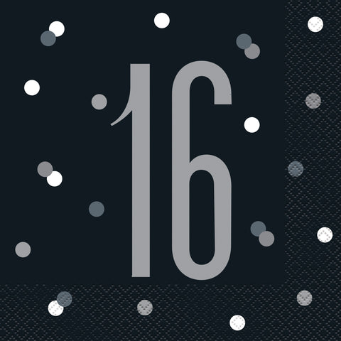 16th Birthday Luncheon Napkins – Glitz Black & Silver Party Napkins (16ct) | Stylish Disposable Tableware for Sweet 16 or Boys’ 16th Birthday Parties