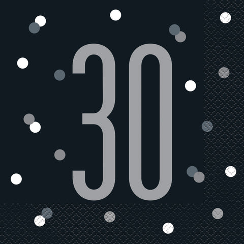 Glitz Black & Silver “30” Luncheon Napkins – 16ct | 30th Birthday Party Napkins for Milestone Celebration