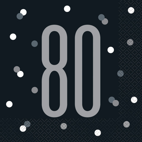 Glitz Black & Silver “80” Luncheon Napkins – 16-Count 80th Birthday Party Napkins for Milestone Celebrations & Table Décor
