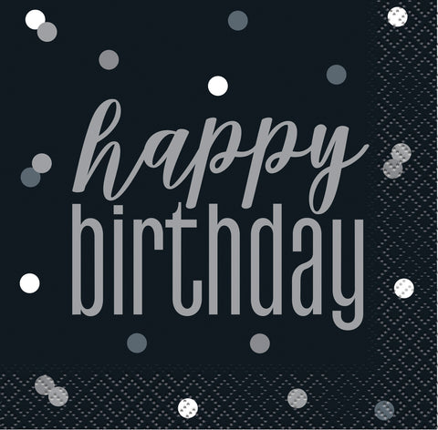 Black & Silver Glitz Birthday Party Kit – Plates, Napkins, Table Cover, Decorations, Candles, Balloons & Celebration Pin