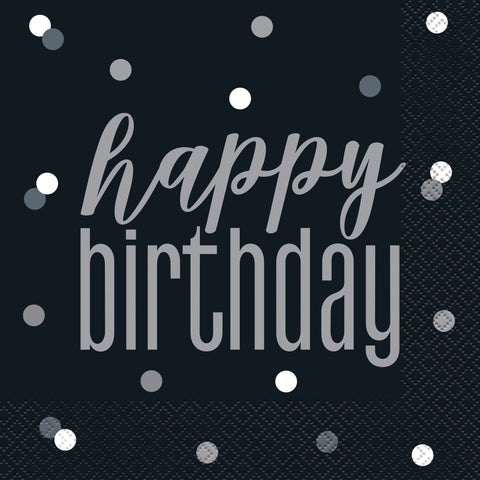 Black & Silver Glitz Birthday Party Kit – Plates, Napkins, Table Cover, Decorations, Candles, Balloons & Celebration Pin