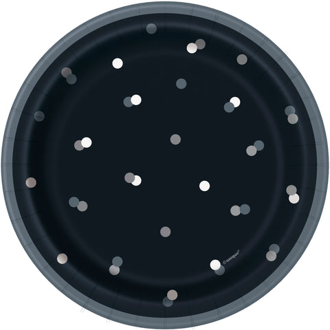 Black & Silver Glitz Birthday Party Kit – Plates, Napkins, Table Cover, Decorations, Candles, Balloons & Celebration Pin