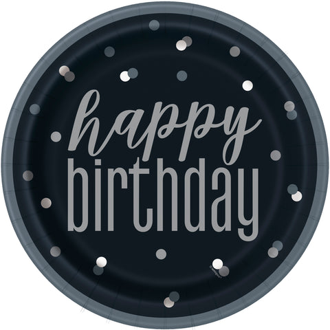 Black & Silver Glitz Birthday Party Kit – Plates, Napkins, Table Cover, Decorations, Candles, Balloons & Celebration Pin