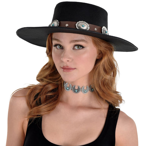 Black Western Cowboy Hat with Faux Leather Band adorned with Faux Silver and Turquoise