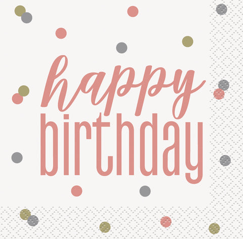 Rose Gold Glitz Beverage size Napkin with 'happy birthday' text and colorful dots on a white background