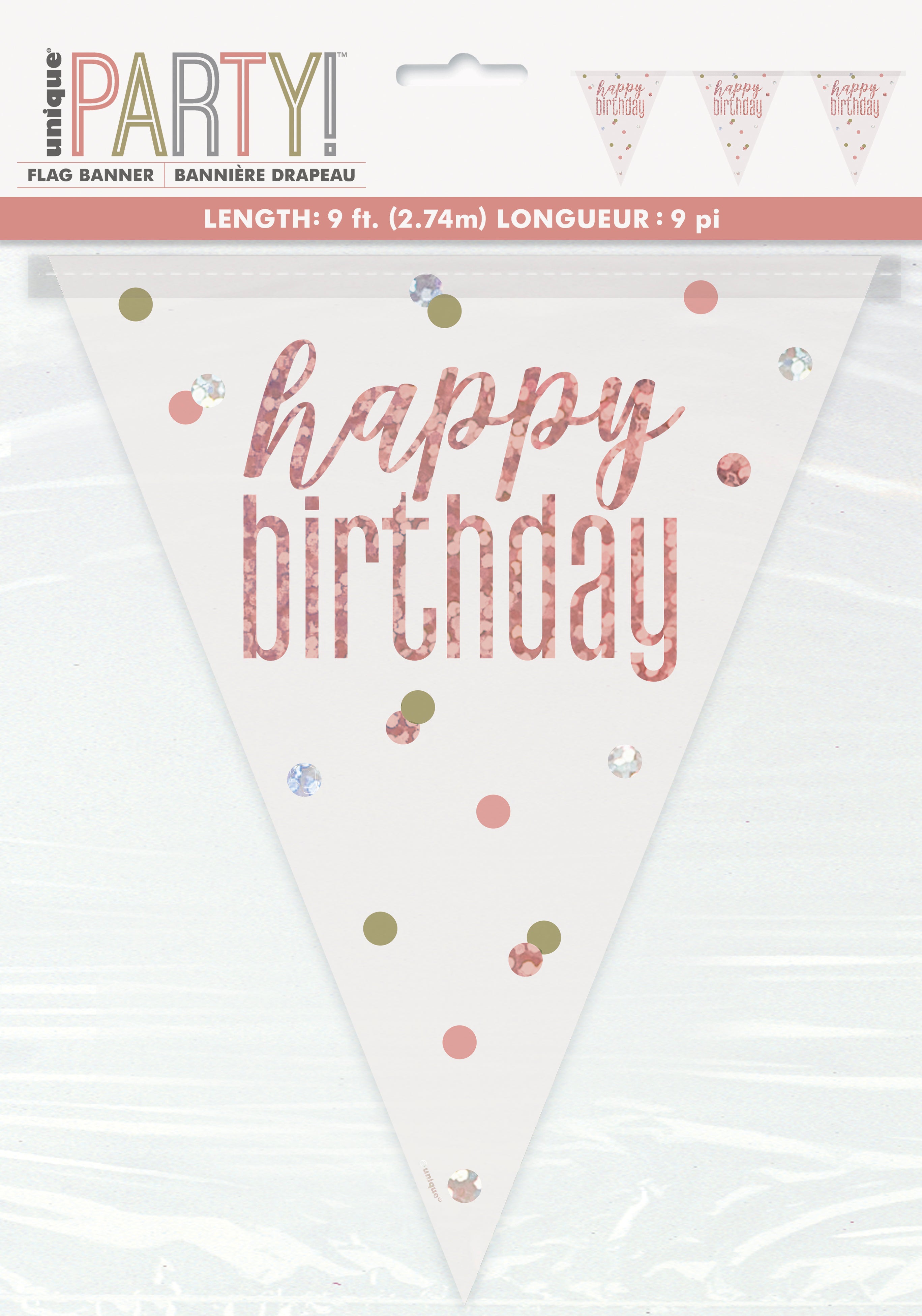 Rose Gold Prismatic Happy Birthday Banner – 9ft Plastic Pennant Flag Party Decoration (1 Count)