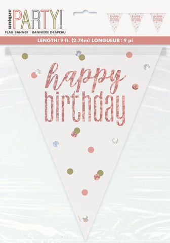 Rose Gold Prismatic Happy Birthday Banner – 9ft Plastic Pennant Flag Party Decoration (1 Count)